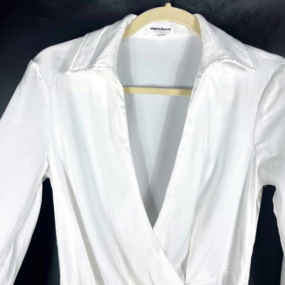 Superdown‎ Sophie Draped Mini Dress White Satin Side Wrap Tie Long Sleeve Sz S - Picture 6 of 10